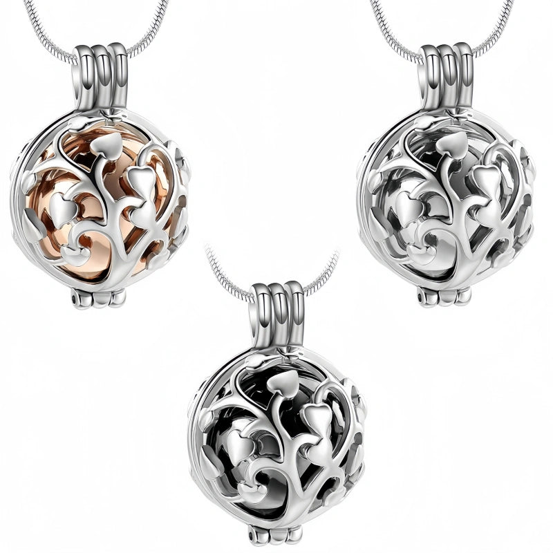 Spherical Tree of Life Pet Urn Necklace – Hollowed Openwork Design – Holds Fur or Ashes