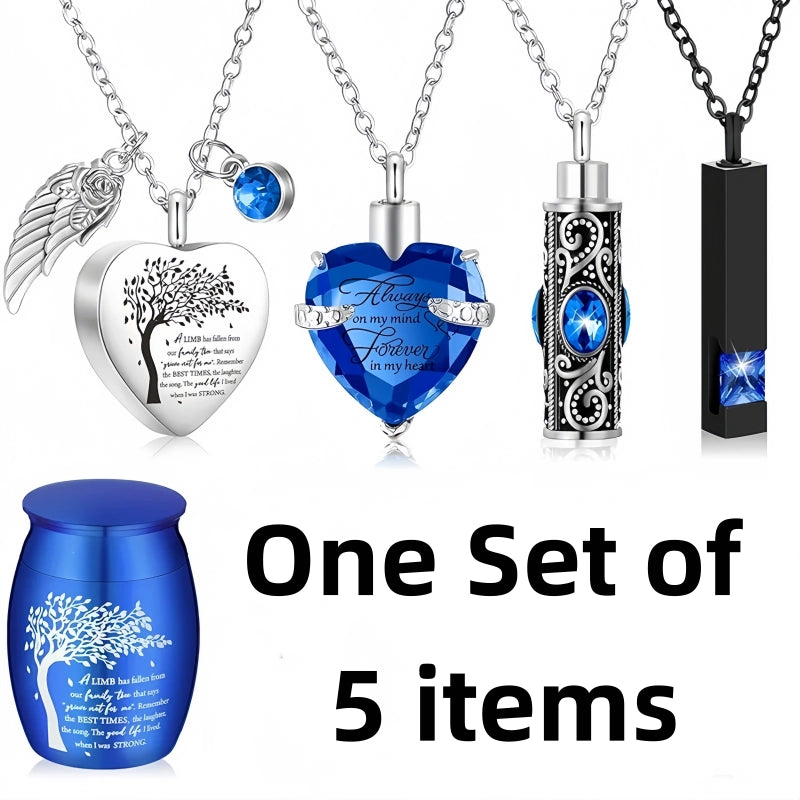 5-Piece Stainless Steel Cremation Pendant Set – Mixed Shapes – Holds Fur or Ashes