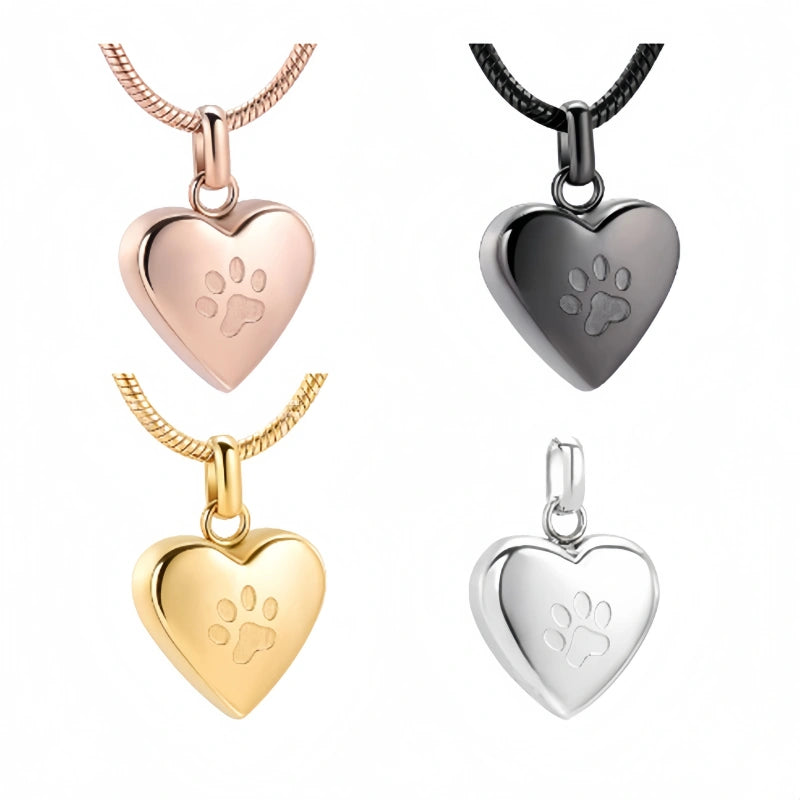 Interlocking Hearts Pet Urn Necklace – Paw Print Design – 4 Colors – Holds Fur or Ashes