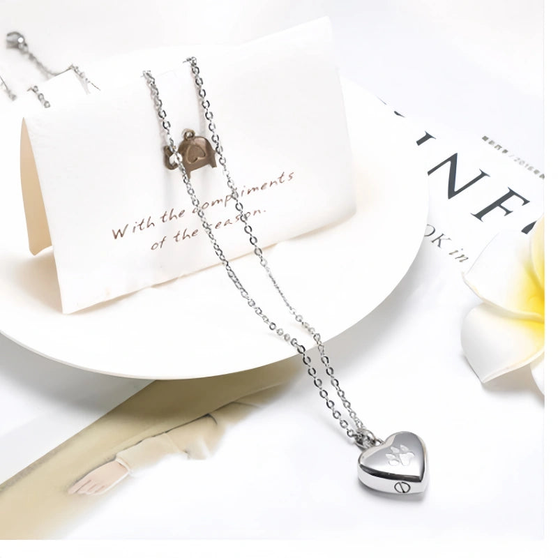Interlocking Hearts Pet Urn Necklace – Paw Print Design – 4 Colors – Holds Fur or Ashes
