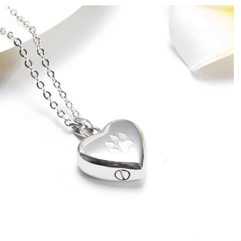 Interlocking Hearts Pet Urn Necklace – Paw Print Design – 4 Colors – Holds Fur or Ashes