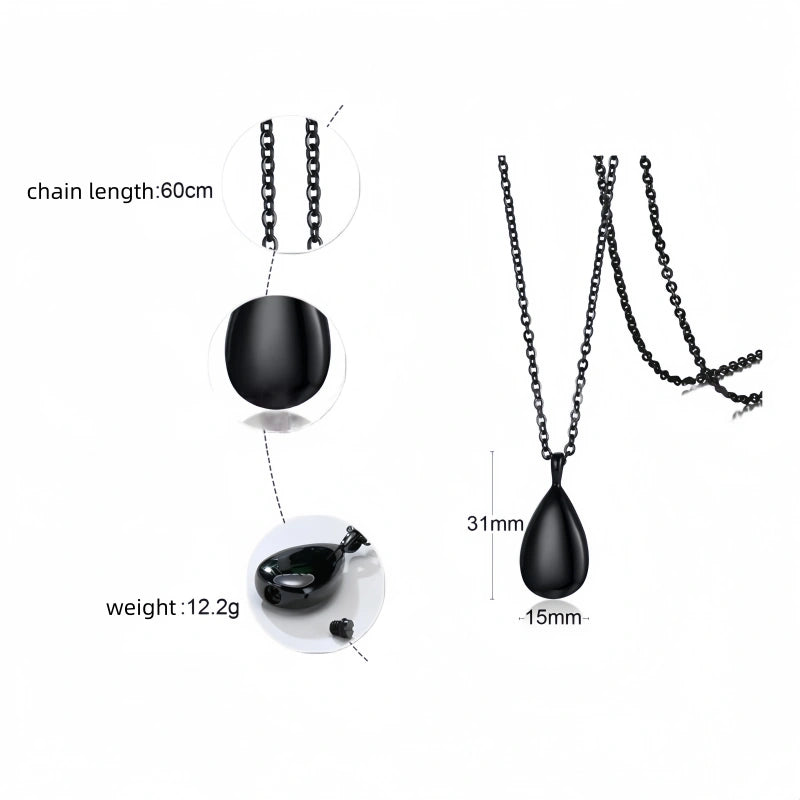 Teardrop Pet Urn Necklace – Stainless Steel Cremation Pendant – 4 Colors – Holds Fur, Ashes, or Scent