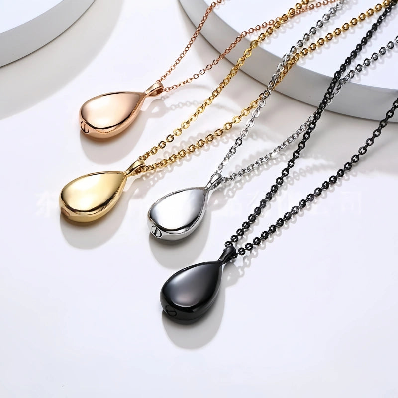 Teardrop Pet Urn Necklace – Stainless Steel Cremation Pendant – 4 Colors – Holds Fur, Ashes, or Scent