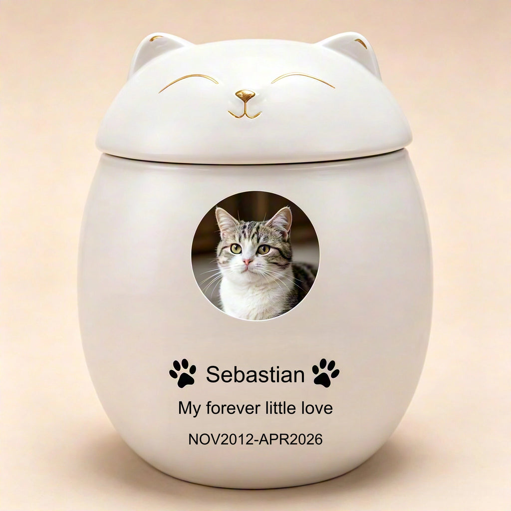 Personalized Pet Urn for Cats - Custom Photo Ceramic Cat Urn with Name, Date, and Message - Memorial Keepsake for Beloved Cat, Custom Pet Memorial Gift