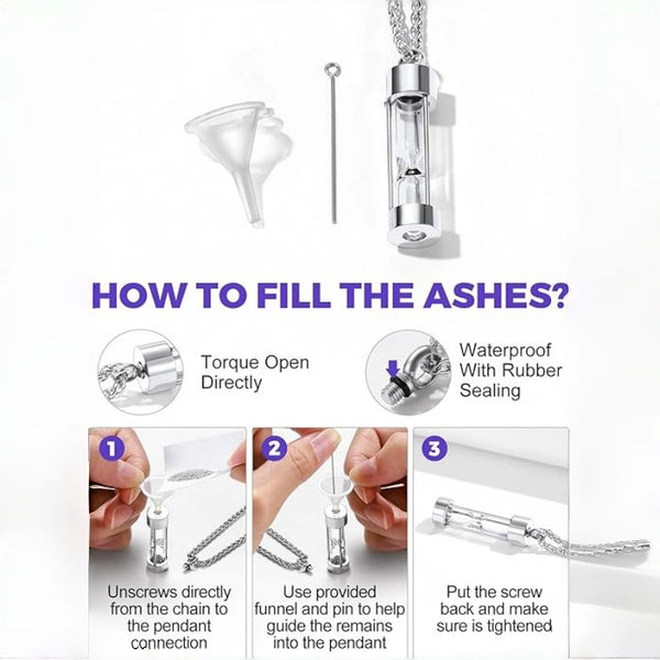 Hourglass Pet Urn Necklace – Stainless Steel & Glass – Holds Fur, Ashes, or Scent – 4 Colors