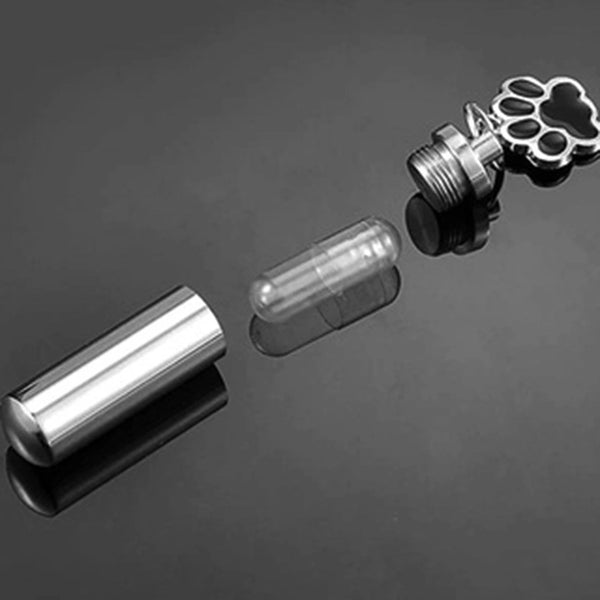 Titanium Steel Pet Urn Keychain – Cylinder Paw Print – Holds Small Ashes or Fur