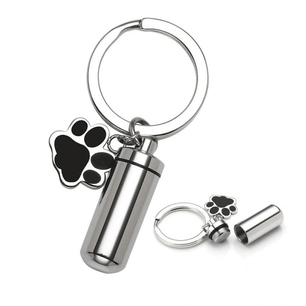 Titanium Steel Pet Urn Keychain – Cylinder Paw Print – Holds Small Ashes or Fur