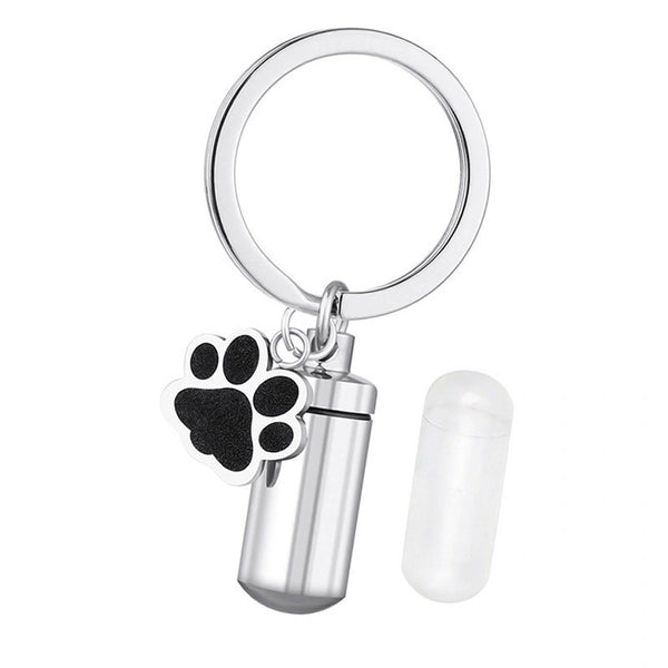 Titanium Steel Pet Urn Keychain – Cylinder Paw Print – Holds Small Ashes or Fur
