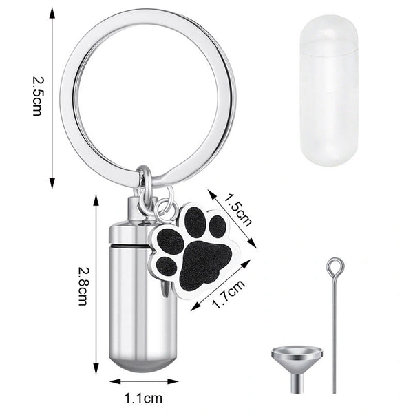 Titanium Steel Pet Urn Keychain – Cylinder Paw Print – Holds Small Ashes or Fur