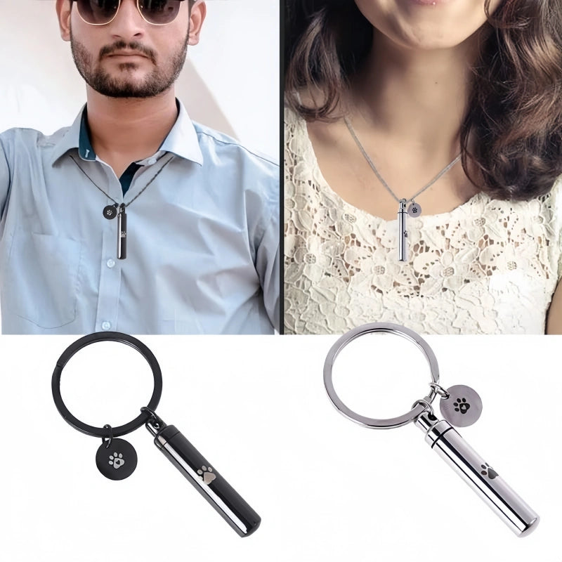 Cylinder Pet Urn Pendant – 2-in-1 Necklace & Keychain – 2 Colors – Holds Fur or Ashes