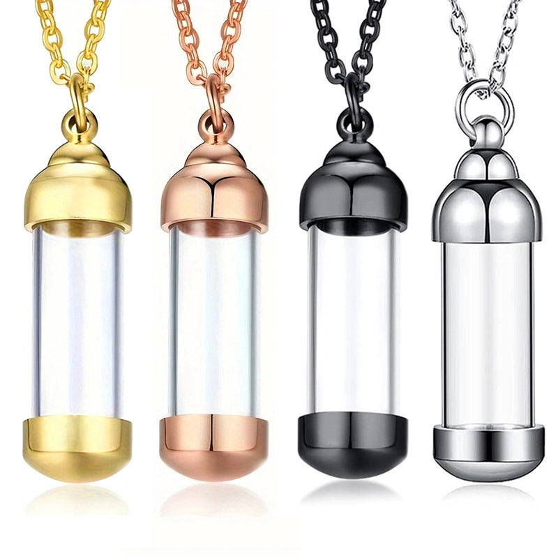 Transparent Glass Pet Urn Necklace – Cylinder Pendant – Holds Fur or Ashes – Stainless Steel