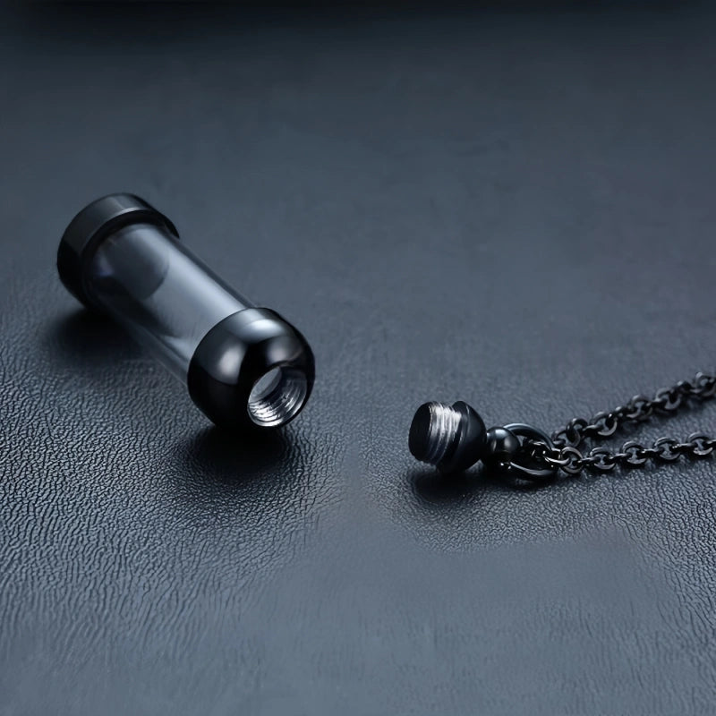 Transparent Glass Pet Urn Necklace – Cylinder Pendant – Holds Fur or Ashes – Stainless Steel