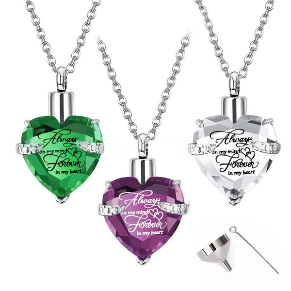 Birthstone Heart Pet Urn Necklace – 12 Month Colors – Holds Fur or Ashes – Stainless Steel