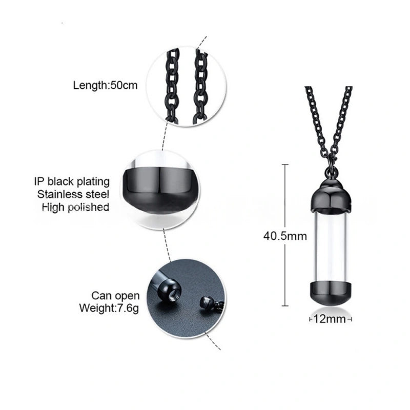 Transparent Glass Pet Urn Necklace – Cylinder Pendant – Holds Fur or Ashes – Stainless Steel