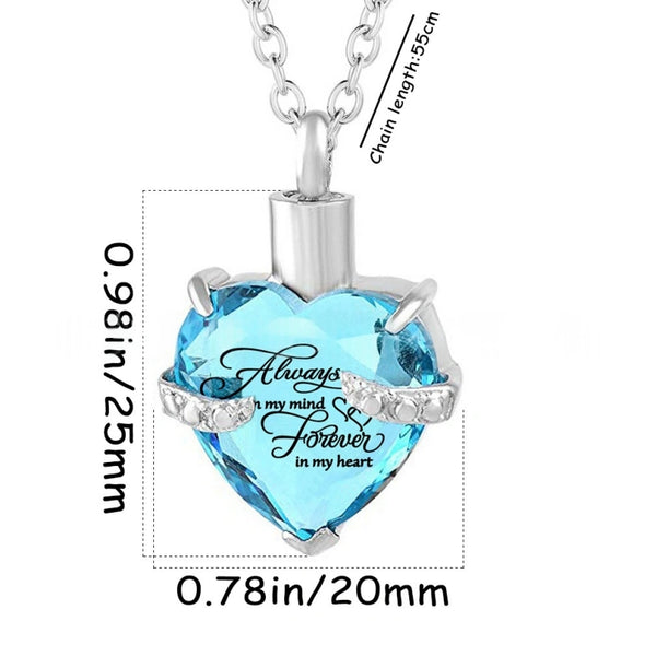 Birthstone Heart Pet Urn Necklace – 12 Month Colors – Holds Fur or Ashes – Stainless Steel