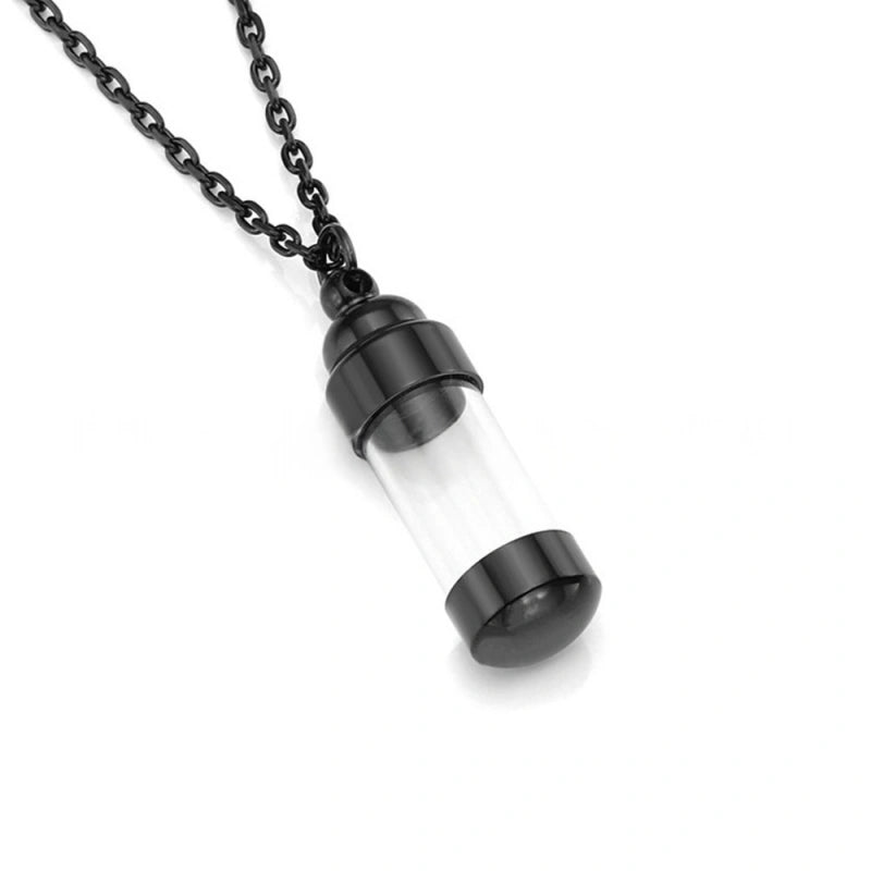 Transparent Glass Pet Urn Necklace – Cylinder Pendant – Holds Fur or Ashes – Stainless Steel