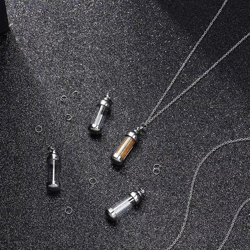 Stainless Steel & Glass Pet Urn Pendant – Cylinder Cremation Necklace – Holds Fur or Small Ashes
