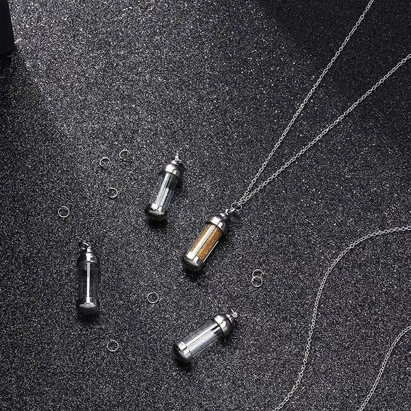 Stainless Steel & Glass Pet Urn Pendant – Cylinder Cremation Necklace – Holds Fur or Small Ashes